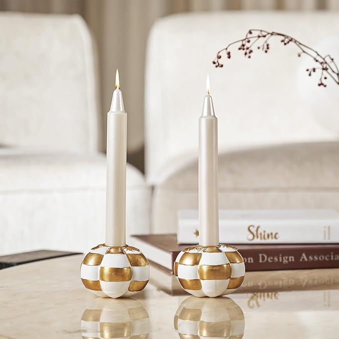 WDS WONDROUS Fall Pumpkin Candle Holder Set White & Gold Thanksgiving Decorations Halloween – 2PCS Checkered Pumpkin Candlestick Holders Decor – Taper Candle Holders, Autumn Table Centerpieces Decor