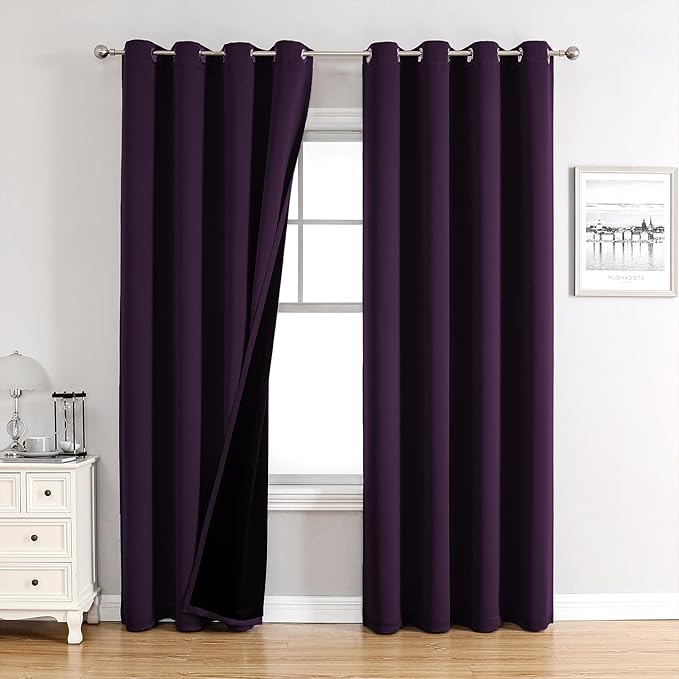 ChrisDowa 100% Blackout Curtains for Bedroom with Black Liner, 2 Thick Layers Total Blackout Thermal Insulated Grommet Window Curtains 2 Panels Set (Royal Purple, 52 x 84 Inch)
