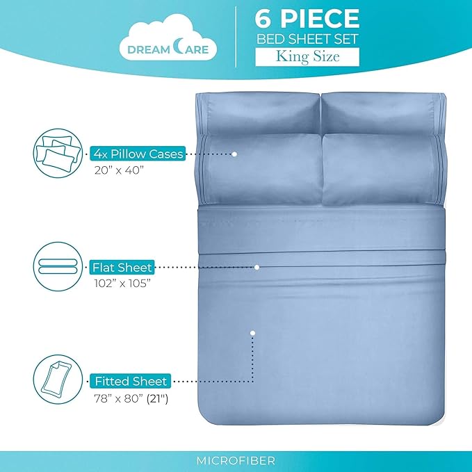 DREAMCARE California King Sheet Sets – 6 pcs Cooling Bed Sheets – up to 21” Deep Cal King Sheets – 2500 Supreme Collection – Extra Soft 100% Brushed Microfiber Hotel Luxury with Side Pocket – L Blue