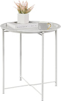 VECELO Side/End Table, Folding Round Metal Anti-Rust and Waterproof Outdoor or Indoor Tray for Living Room Bedroom Balcony and Office, 1 PCS, Beige