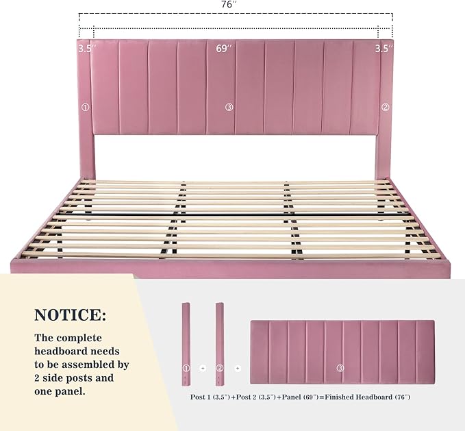 Allewie King Platform Bed Frame/Velvet Upholstered Bed Frame with Vertical Channel Tufted Headboard/Strong Wooden Slats/Mattress Foundation/Box Spring Optional/Easy Assembly/Pink