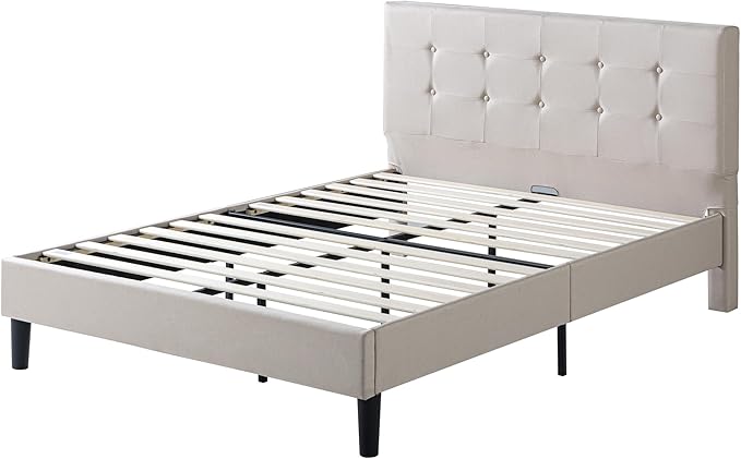 ZINUS Ibidun Upholstered Platform Bed Frame, Mattress Foundation, Wood Slat Support, No Box Spring Needed, Eco Friendly WonderBox (TM), Easy Assembly, Soft Beige, Queen
