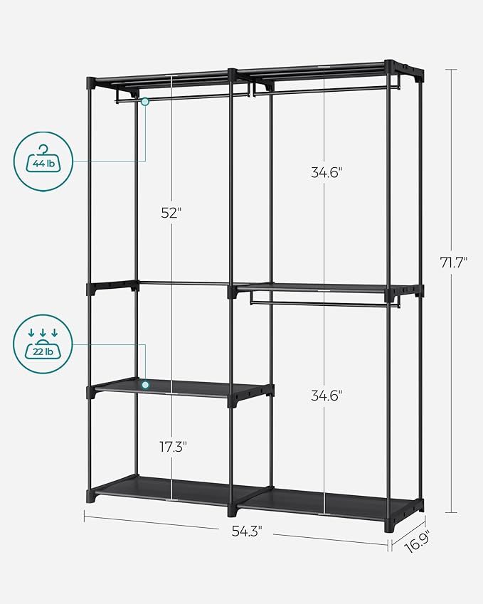 SONGMICS Portable Closet, Freestanding Closet Organizer, Clothes Rack with Shelves, Hanging Rods, Storage Organizer, for Cloakroom, Bedroom, 54.3 x 16.9 x 71.7 Inches, Black URYG025B02