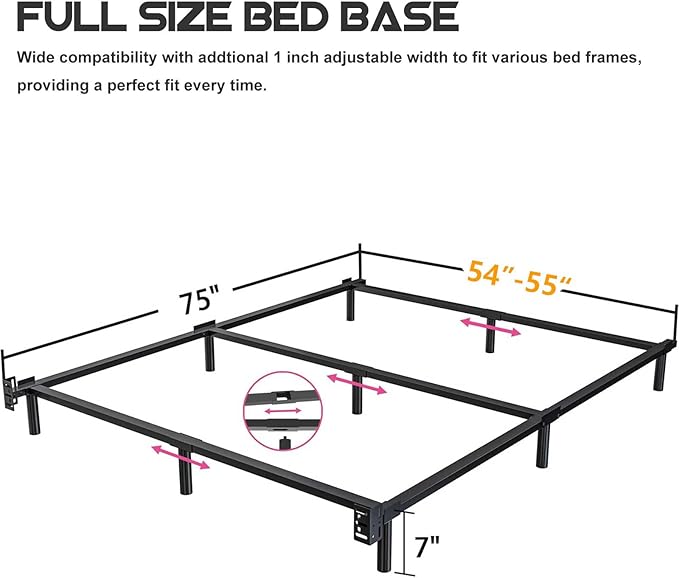7 Inch Full Metal Bed Frame, Compatible with Most Brand Box Spring Or Mattress, 9-Leg Support Metal Bed Base, Noise-Free, Easy Assembly, Black