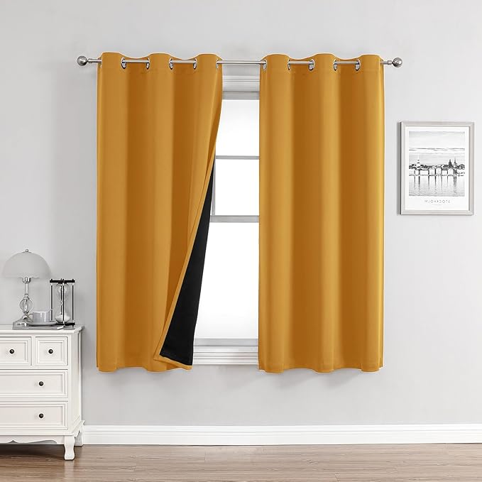 ChrisDowa 100% Blackout Curtains for Bedroom with Black Liner, 2 Thick Layers Total Blackout Thermal Insulated Grommet Small Window Curtains 2 Panels Set (Mustard Yellow, 42 x 45 Inch)