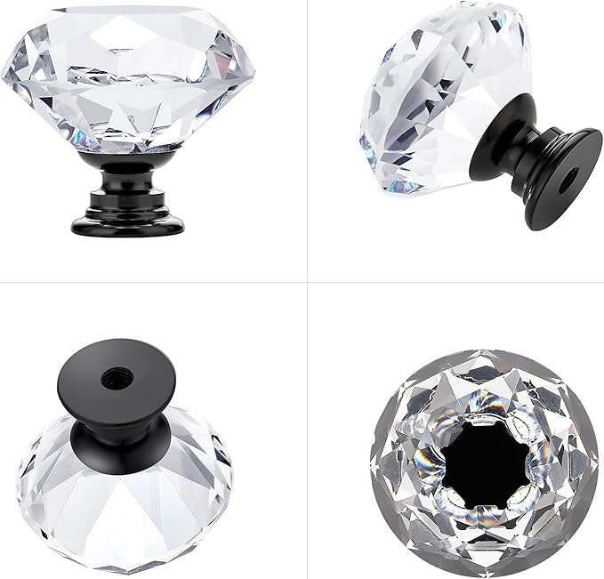 Ravinte 30 Pack Crystal Knobs for Dresser Drawers - 30 mm Glass Cabinet Diamond Shaped Knobs With Black Base