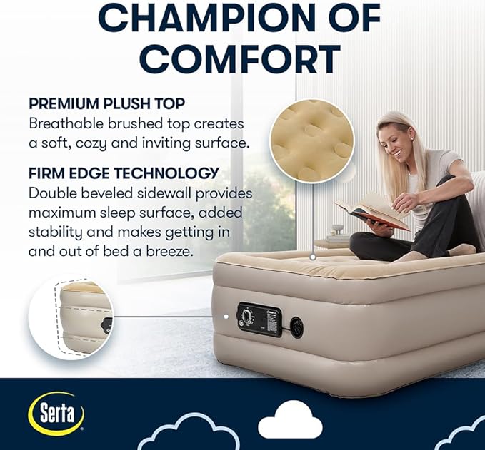 Serta Raised Air Mattress with Never Flat Pump | Luxury Inflatable Mattress with Built in Air Pump to Ensure a Good Night’s Rest | Heavy Duty Blow Up Mattress with Self Inflating Pump