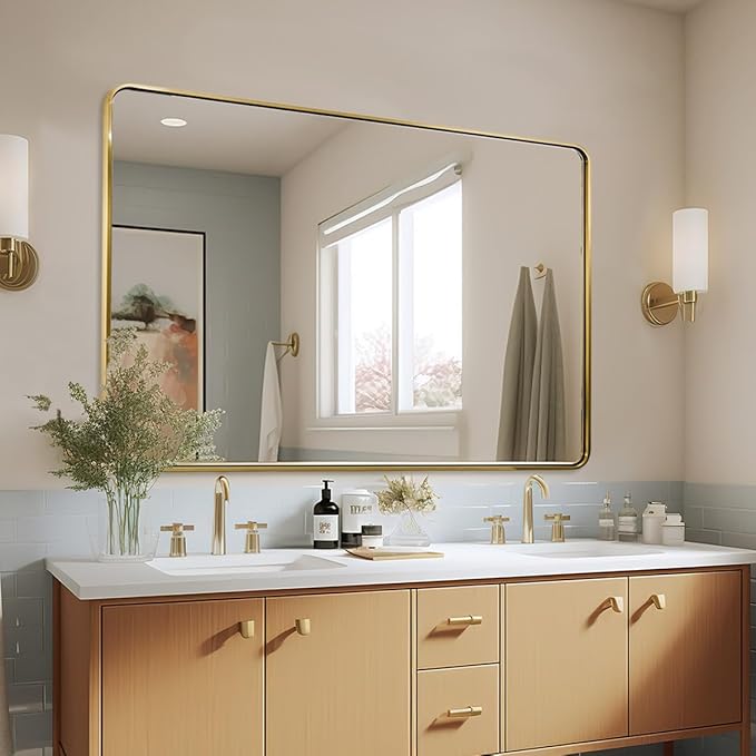 ANDY STAR 48x36 Inch Gold Bathroom Mirror, Brushed Gold Mirrors for Wall in Anti-Rust SUS304 Tube Metal Frame, Rounded Rectangle Mirrors 1’’ Deep Wall Mounted Vertically/Horizontal for Bathroom