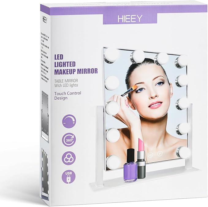 HIEEY Hollywood Makeup Mirror with 12 Dimmable Bulbs Lights, Three Color Lighting Modes, with 4in 20X Magnification Mirror, Smart Touch Control, 360°Rotation (White,Gift Box)
