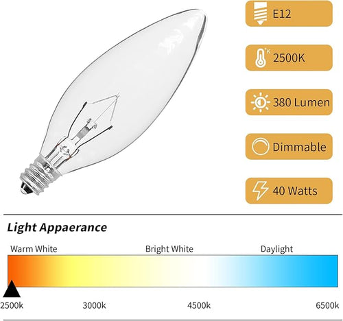 20-Pack E12 Candelabra Light Bulbs 40W Warm White 2500K, 380 Lumen Dimmable Chandeier Light Bulbs for Ceiling Fan, Pendants or Outdoor, B10 Clear Incandescent Candle Bulbs