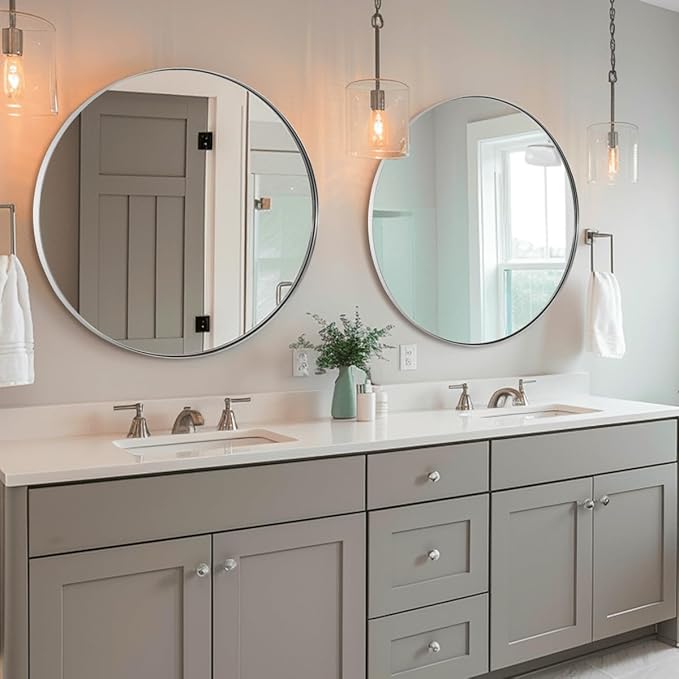 ANDY STAR 36" Chrome Round Mirror, Round Chrome Mirror, Polished Silver Large Vanity Mirror Metal Framed for Living Room, Dining Room, Fireplace