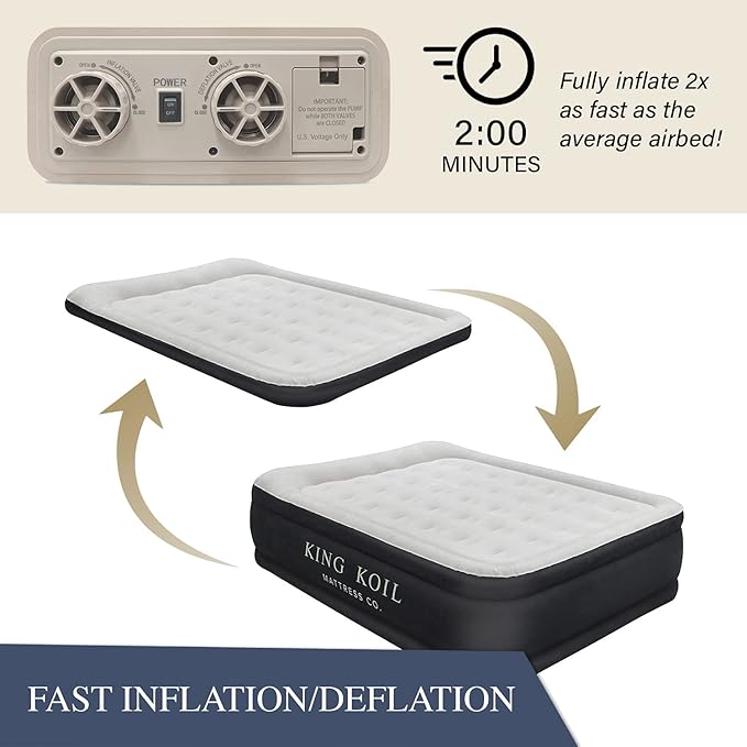King Koil Luxury Air Mattress Queen with Built in Pump, Integrated Premium Pillow Inflatable Airbed for Guests, Camping & Home (Manufacturer Warranty)