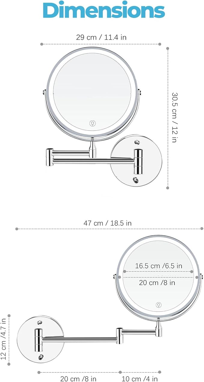8" Rechargeable Lighted Makeup Mirror, 1X/10X Magnification with 3 Color Touch Dimmable Lights, 360° Rotating Double-Sided Wall Mount Mirror (Chrome) – Fab Glass and Mirror