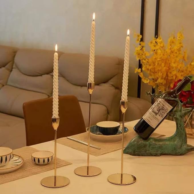 Gold Taper Candle Holder Set of 6, Brass Gold Tall Candlestick Holders, Metal Vintage Candle Stickers Long Holder Set, Pillar Decorative Candle Holder Fits 3/4 Inch Candle