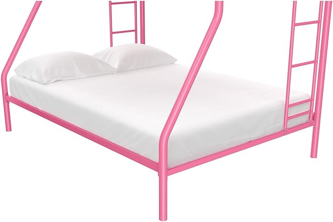 DHP Dusty Metal Bunk Bed Frame, Twin-Over-Full for Kids, Teens, Adults, Angled Ladder, Guardrail, No Boxspring, Small Spaces, Pink