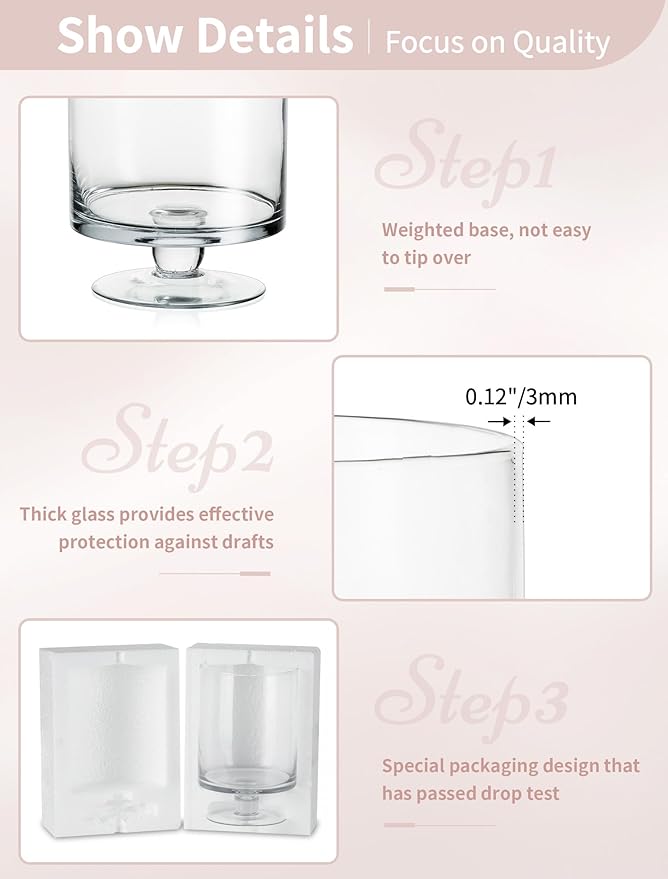 Glass Candle Holder for Pillar Candles - Large Glass Vases for Table Decoration, Clear Hurricane Candle Holder for Wedding Christmas Halloween Party Centerpiece Dining Room Decor, Gifts for Women