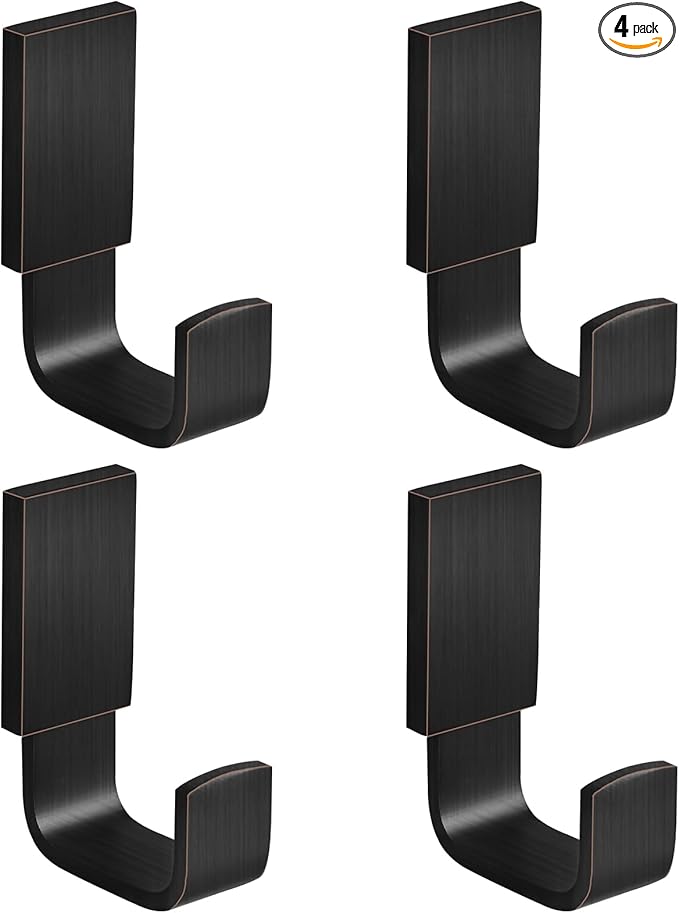 BESy Brass Clothes Hook Single Towel Hook for Bathroom Kitchen Garage Square Style Robe Hooks Coat and Hat Hook, Self Adhesive with Glue or Wall Mounted with Screws, Four Packs, Oil Rubbed Bronze