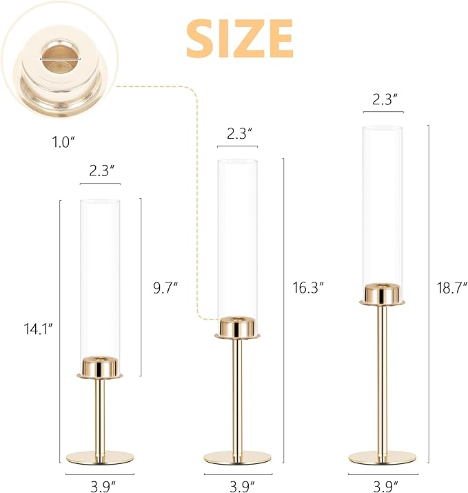 Hurricane Candle Holders Set of 3 Metal Candlestick Holder for Glass Taper Tall Candle Holders with Crystal Chimney Tube Candles Stands for Home Decor, Christmas, Dinning (3, Gold)