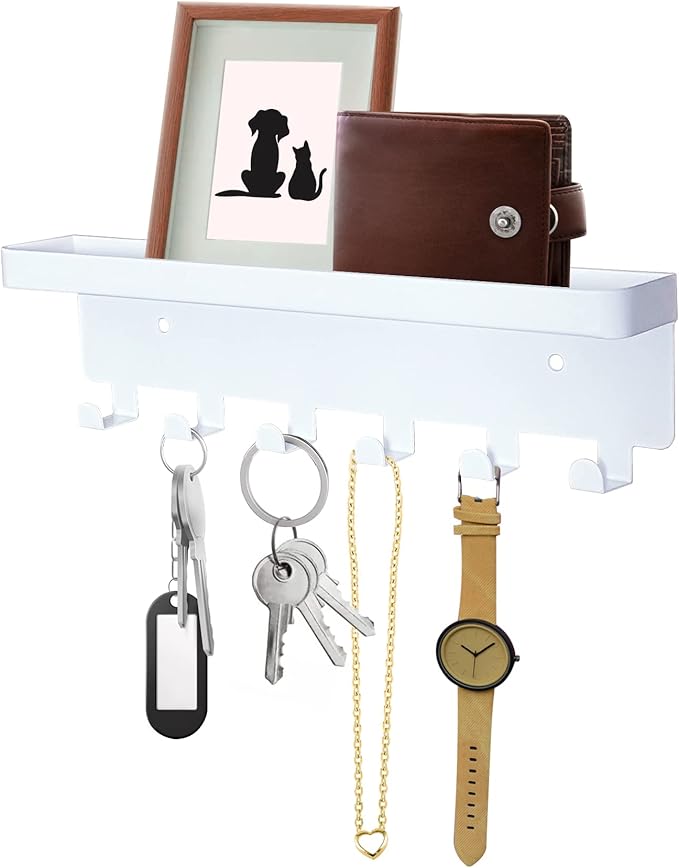 GTK Key Holder for Wall, Key Hooks with Tray and 6 Hooks, Wall Mounted Key Holder for Hallway, Key Rack with Shelf for Mail Storage (White)