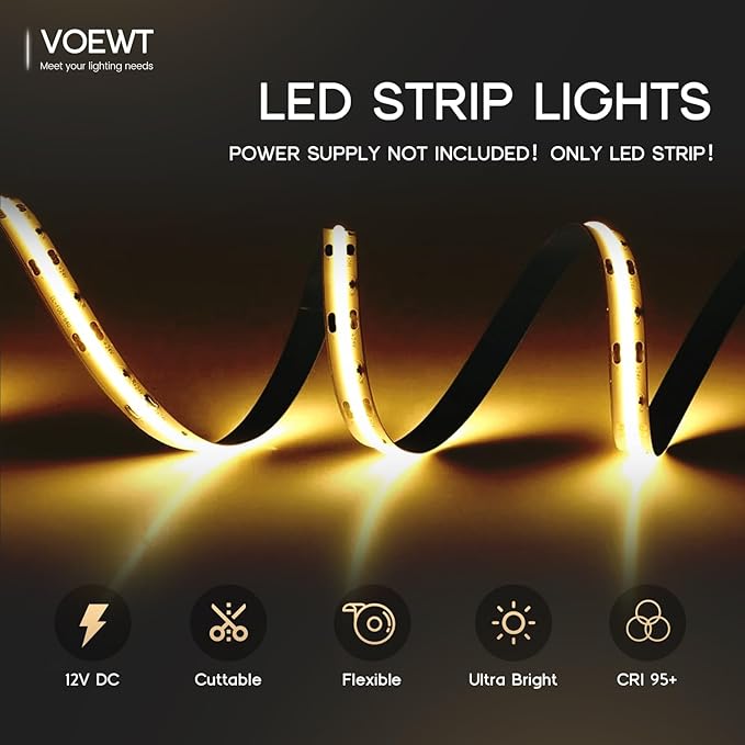 COB LED Strip Lights Warm White 3000K,16.4ft 12V High CRI 95Ra+ Super Bright,Flexible Tape Lights for Bedroom,Mirror,Kitchen Cabinet, Living Room(Power Supply Not Included)