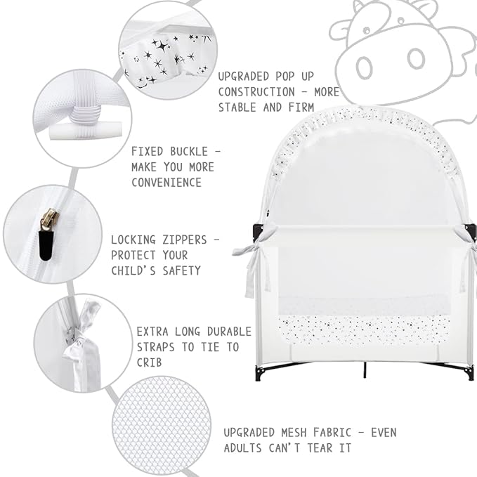 Baby Pack N Play Tent, Pack and Play Canopy to Keep Baby in, Portable Crib Net for Playards, Mini Crib Tent with See Through Mesh, Easy Installation and Transportation White+stars