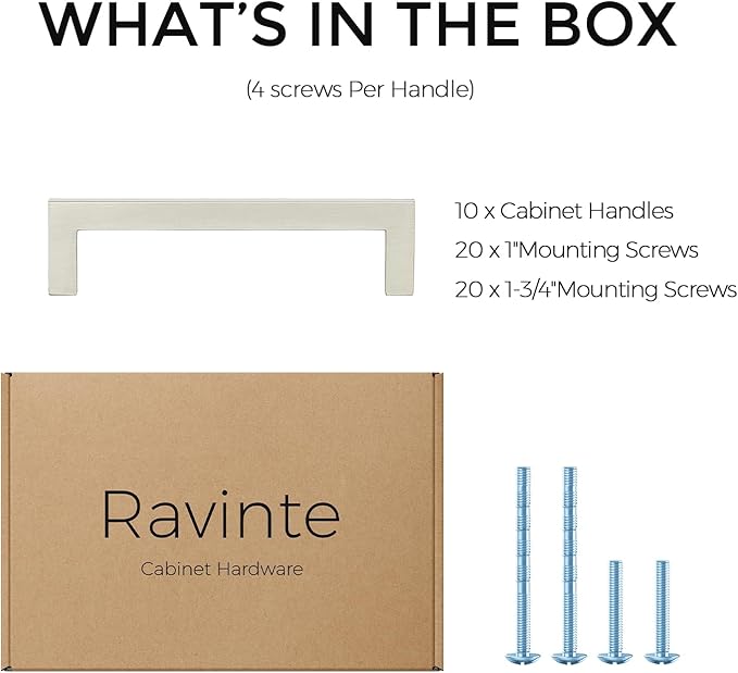 Ravinte 10 Pack Solid 4 Inch Center to Center Slim Square Bar Drawer Handles - Cabinet Hardware Brushed Nickel Pulls for Kitchen and Drawers