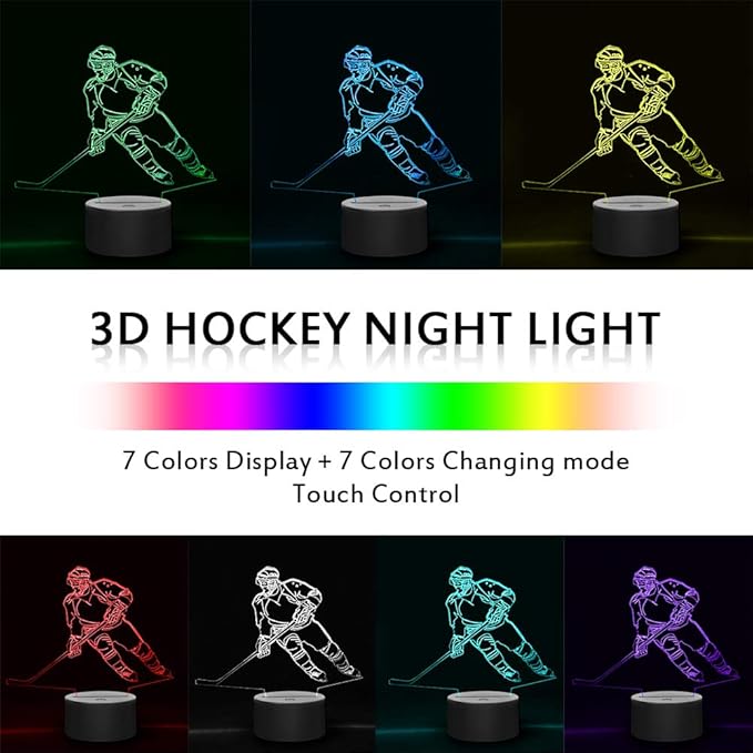Hockey Player 3D Lamp Night Lights for Kids 7 LED Color Changing Touch Table Desk Lamps Lighting Cool Toys Gifts Birthday Xmas Decoration for Sports Hockey Fan