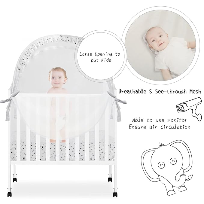 Baby Pack N Play Tent, Pack and Play Canopy to Keep Baby in, Portable Crib Net for Playards, Mini Crib Tent with See Through Mesh, Easy Installation and Transportation White+stars