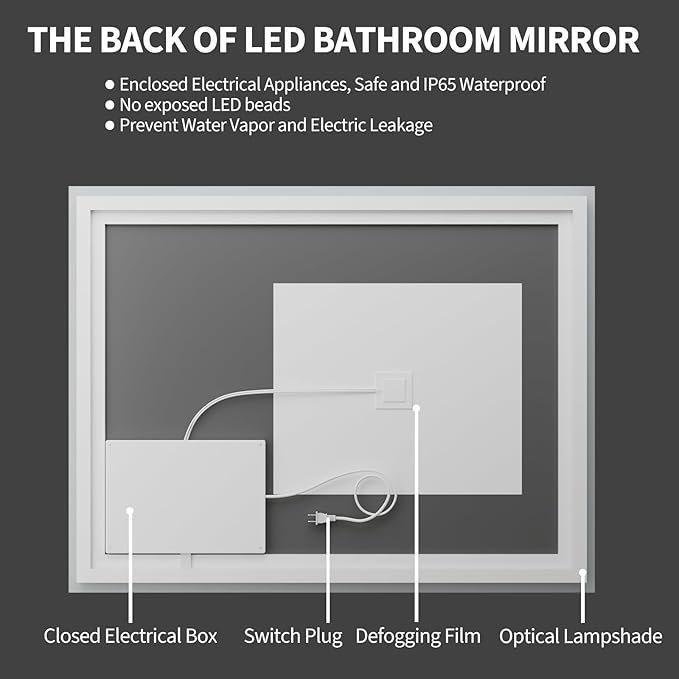 Koonmi 20x28 LED Bathroom Mirror, Backlit + Front Lit, LED Bathroom Mirror with Lights for Wall, 3 Colors, Anti-Fog, Dimmable Brightness, Memory Function, Tempered Glass