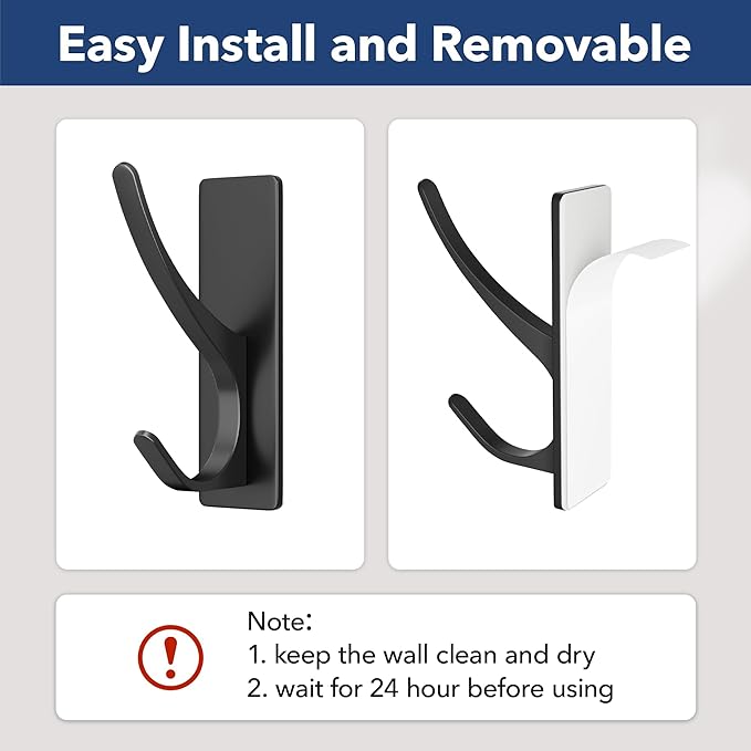 pickpiff Self Adhesive Coat Hooks for Hanging, Heavy Duty Stainless Double Wall Hook for Towel, Backpack, Hat, Sturdy Metal Hanger for Bathroom, Bedroom, Door, Wall Mounted, 10 Pack, Matt Black