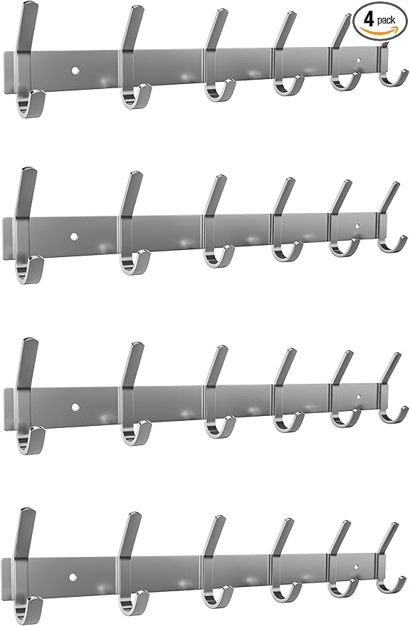 Coat Rack Wall Mount – Brushed Nickel 17 Inch Stainless Steel Hook Rail with 6 Heavy Duty Double Coat Hooks – Wall Mounted Coat Hanger for Entryway, Bathroom, Bedroom, Towel, Hat Organizer - 4 Pack