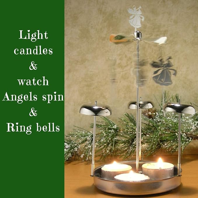 Spinning Angels Tealight Candle Spinner with Bell Chimes - Swedish Scandinavian Style Design - Measures 8" H