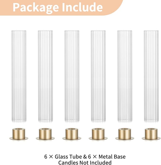 NUPTIO Candlestick Holder with Fluted Hurricane: Set of 6 Metal Candle Holders with Glass Cylinders - Gold Taper Candleholders for Birthday Valentine Wedding Table Centerpiece Outdoor Decor