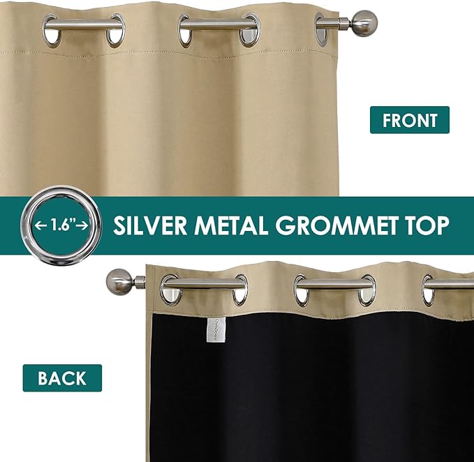 ChrisDowa 100% Blackout Curtains for Bedroom with Black Liner, 2 Thick Layers Total Blackout Thermal Insulated Grommet Window Curtains 2 Panels Set (Beige, 52 x 84 Inch)
