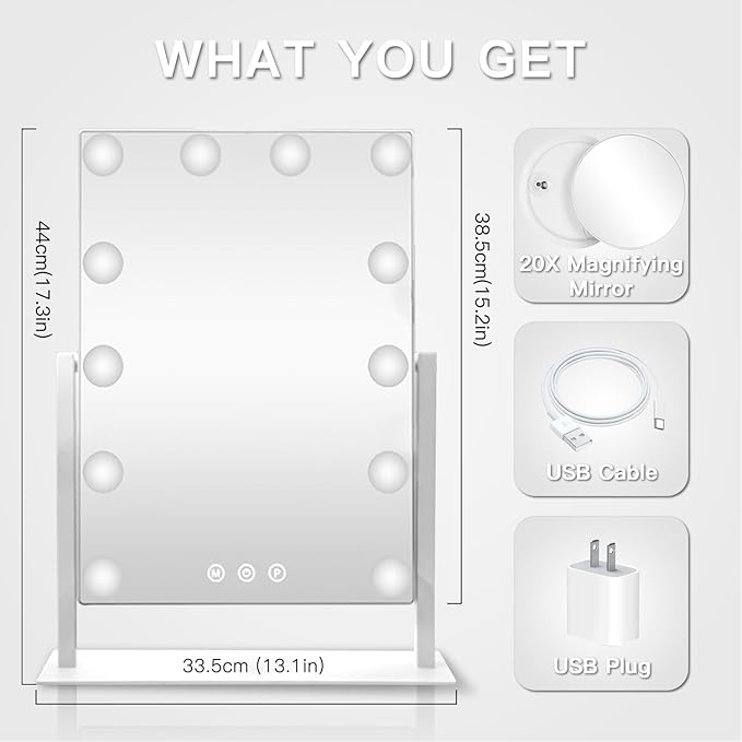HIEEY Hollywood Makeup Mirror with 12 Dimmable Bulbs Lights, Three Color Lighting Modes, with 4in 20X Magnification Mirror, Smart Touch Control, 360°Rotation (White,Gift Box)