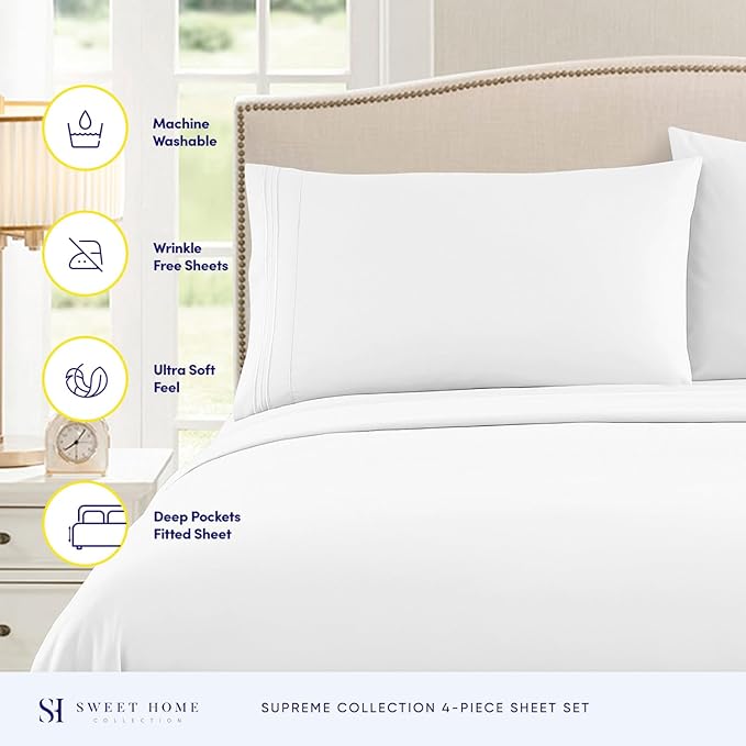 1800 Supreme Collection - Breathable Luxury California King Sheet Set with Full Elastic & Secure Corner Straps Built In, Cal King Deep Pocket Bedding Set, White