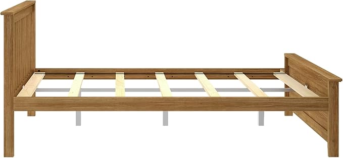Max & Lily Queen Bed Frame with Slatted Headboard, Solid Wood Platform Bed for Kids, No Box Spring Needed, Easy Assembly, Pecan
