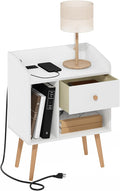Furinno Claude Side Table, Mid Century End Table with Charging Station, Wooden Legs Night Stand, Bedside Table with USB and Type-C Charging Port, for Living Room, Bedroom, White