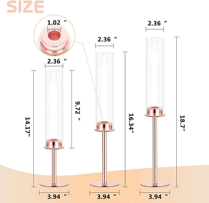 Hurricane Candle Holders Set of 6 Metal Candlestick Holder for Glass Taper Tall Candle Holders with Crystal Chimney Tube Candles Stands for Home Decor, Christmas, Dinning (6, Rose Gold)