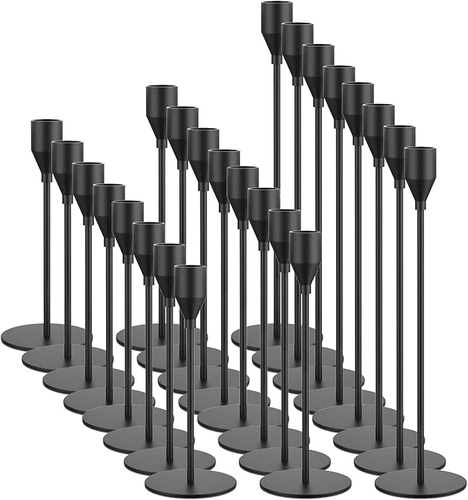 Black Taper Candle Holders Set of 24 Candlestick Holders Bulk, Metal Candle Stick Holder Decor for Wedding, Dinning, Xmas Party or Anniversary, Fits 3/4 Inch Thick Candle