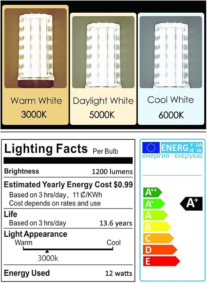 E12 LED Bulbs,12W LED Corn Light Bulb, E12 LED Bulb 100W Equivalent 1200 Lumen 3000K Warm White, Non-Dimmable LED Candelabra Light Bulbs, E12 Candelabra Base Chandelier Light Bulbs, Pack of 3