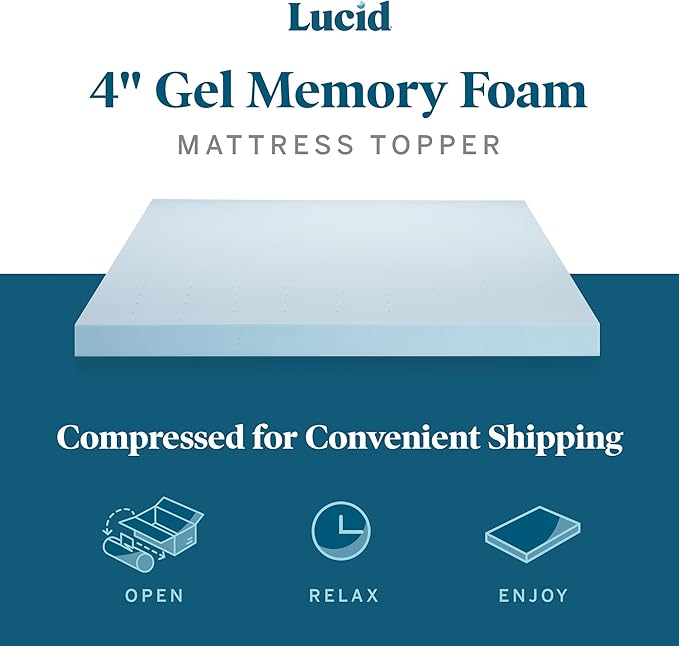 LUCID 4 Inch Gel Memory Foam Mattress Topper-Ventilated Design-Ultra Plush-King