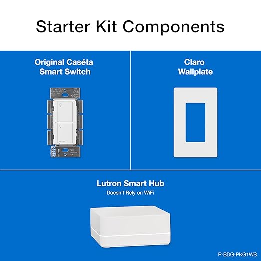 Lutron Caseta Original Smart Light Switch Kit w/ Wall Plate and Smart Hub, Compatible w/ Alexa, Apple Home, Google Home, Single-Pole/3 Way, 5 Amp, P-BDG-PKG1WS