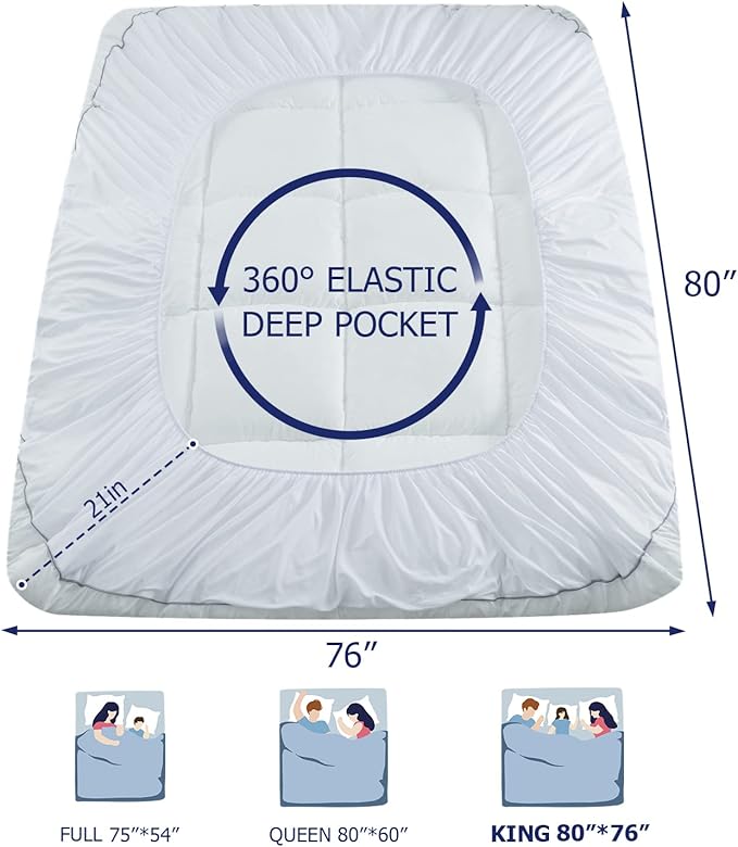 Marine Moon King Mattress Topper, Cooling Pillow Top, Hotel Quality Down Alternative Pillow Topper Cover, Plush Thick Bed Toppers for Back Pain with Deep Pocket