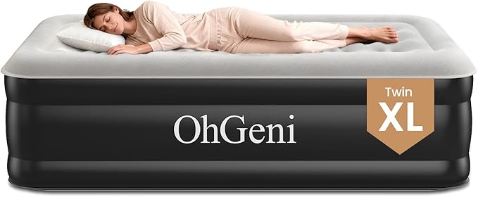 OhGeni Twin XL Air Mattress with Built in Pump for Guest, 18'' Colchon Inflables Blow Up Air Bed with Carrying Bag for Camping, Raised Elevated Double Airbed, Foldable & Portable Air Mattress, Black