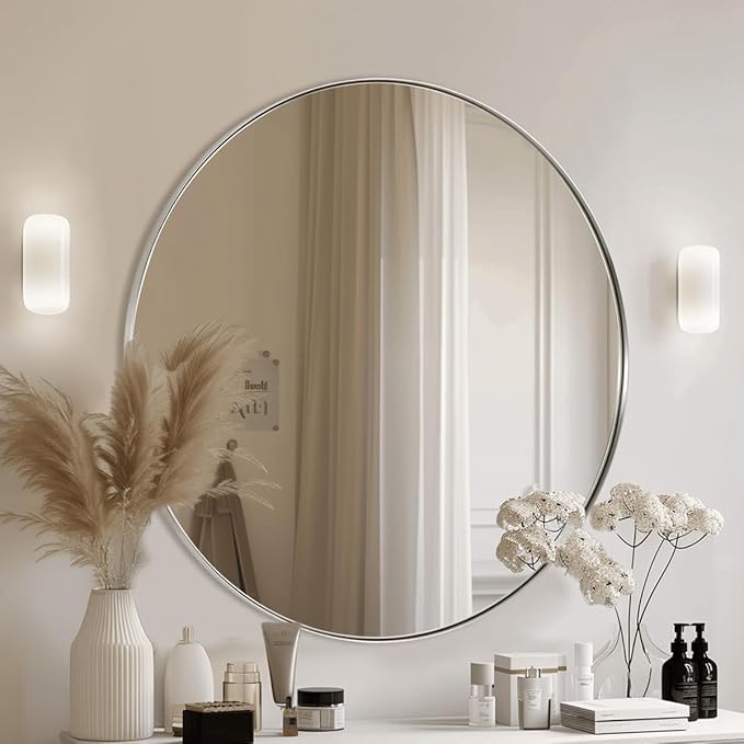 ANDY STAR 36" Chrome Round Mirror, Round Chrome Mirror, Polished Silver Large Vanity Mirror Metal Framed for Living Room, Dining Room, Fireplace