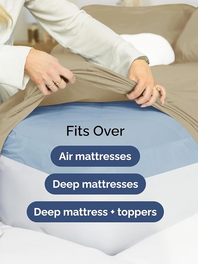 Extra Deep Split King Sheet Set - 7 Piece Breathable & Cooling Sheets - Hotel Luxury Bed Sheets Set - Easy & Secure Fit - Soft, Wrinkle Free & Comfy Sheets Set - Beige Sheet Set w/Extra Deep Pockets