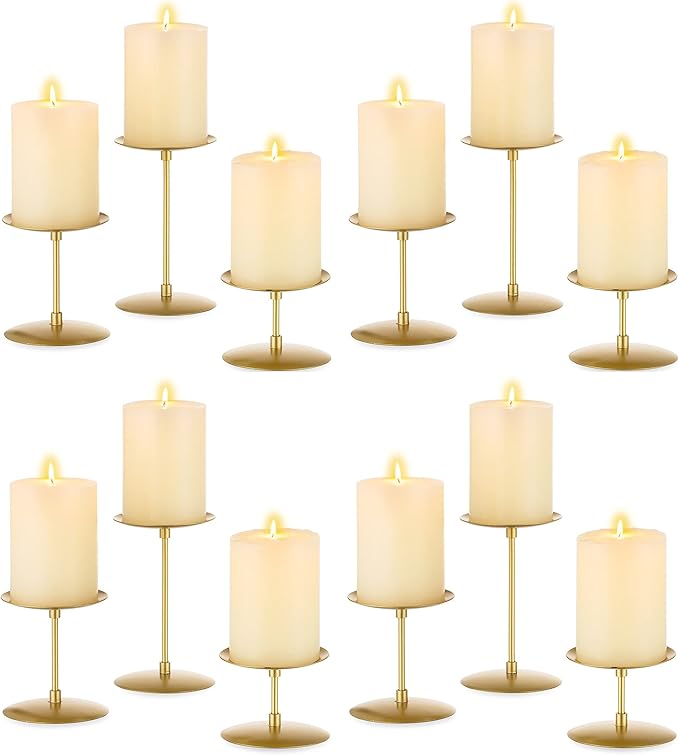 Pillar Candle Holders Candelabra Gold - Set of 12 Bulk Candle Stand Iron Plate Minimalism Modern Home Mantel Dinning Table Decorations Centerpiece for Wedding, Party, Housewarming, Events