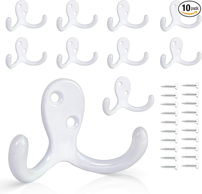 10 Pack Coat Hooks Wall Hooks for Hanging, Heavy Duty Double Prong Metal Hook Wall Mounted for Living Room, Bathroom, Kitchen, Bedroom for Coat, Bag, Scarf, Towel, Hat, Key, Cup (White)