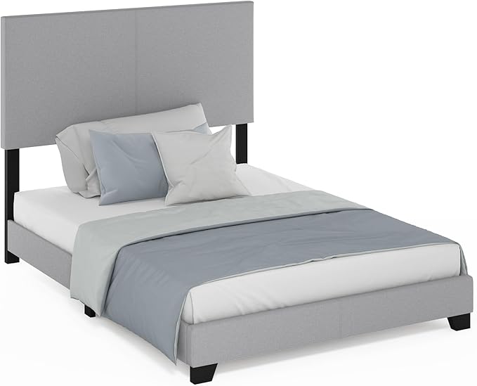 Furinno Pessac Fabric Upholstered Bed Frame with Wooden Slat Support, Full, Glacier